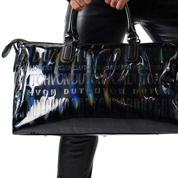 NWOT VON DUTCH Holographic Weekender Bag Onyx Black - Picture 1 of 10